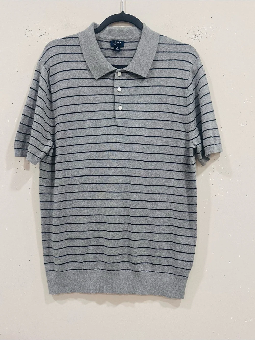 J. Crew Men's M Striped Short Sleeve Sweater Polo Shirt Gray Heather 100% Cotton